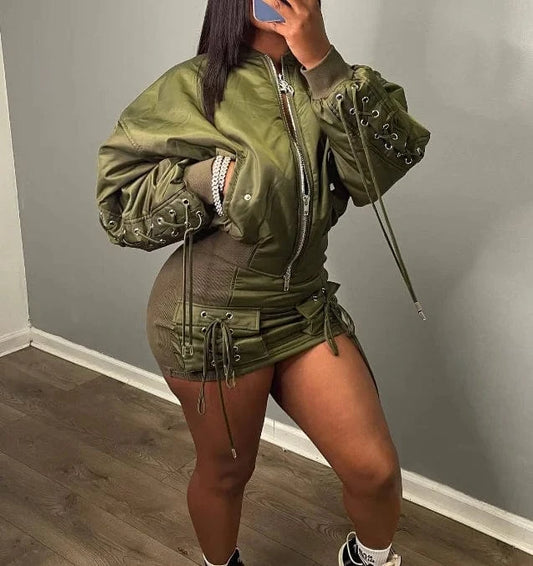 2024 Hot Sale Autumn Streetwear Cargo Jacket Women Sexy Two 2 Piece Skirt Sets