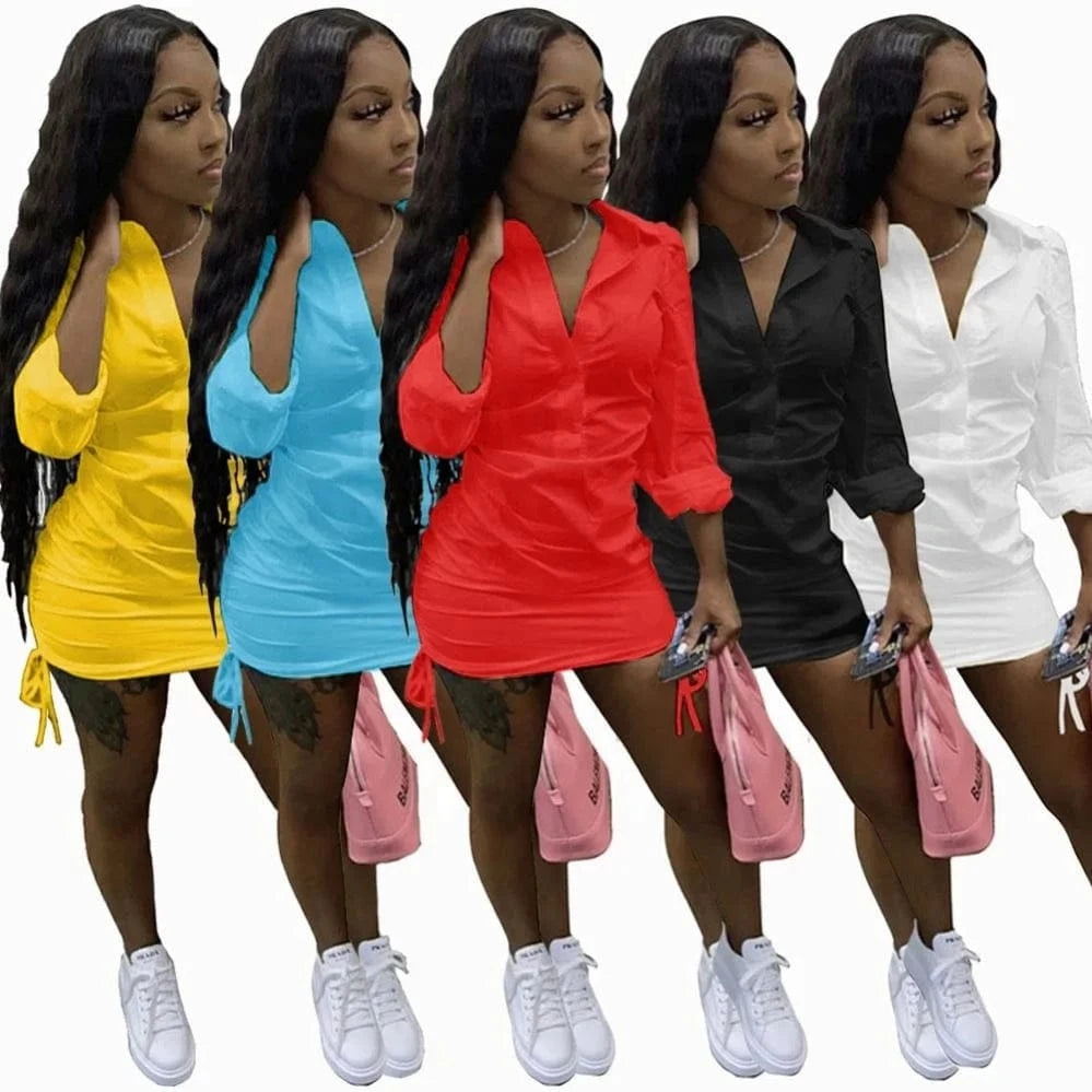 2024 Hot Sale Double Side Pleated One-Step Skirt Polo Collar Waist Single Breasted Long Sleeved Elastic Band Lace-Up Mini Dress