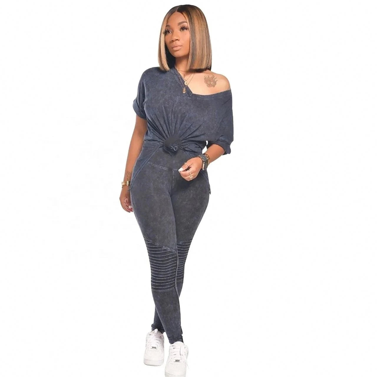 2024 Hot Sale Embossed Stitching Top Suit Five-Point V-Neck Short-Sleeved Casual Fashion Loose Split Two-Piece Pants Set