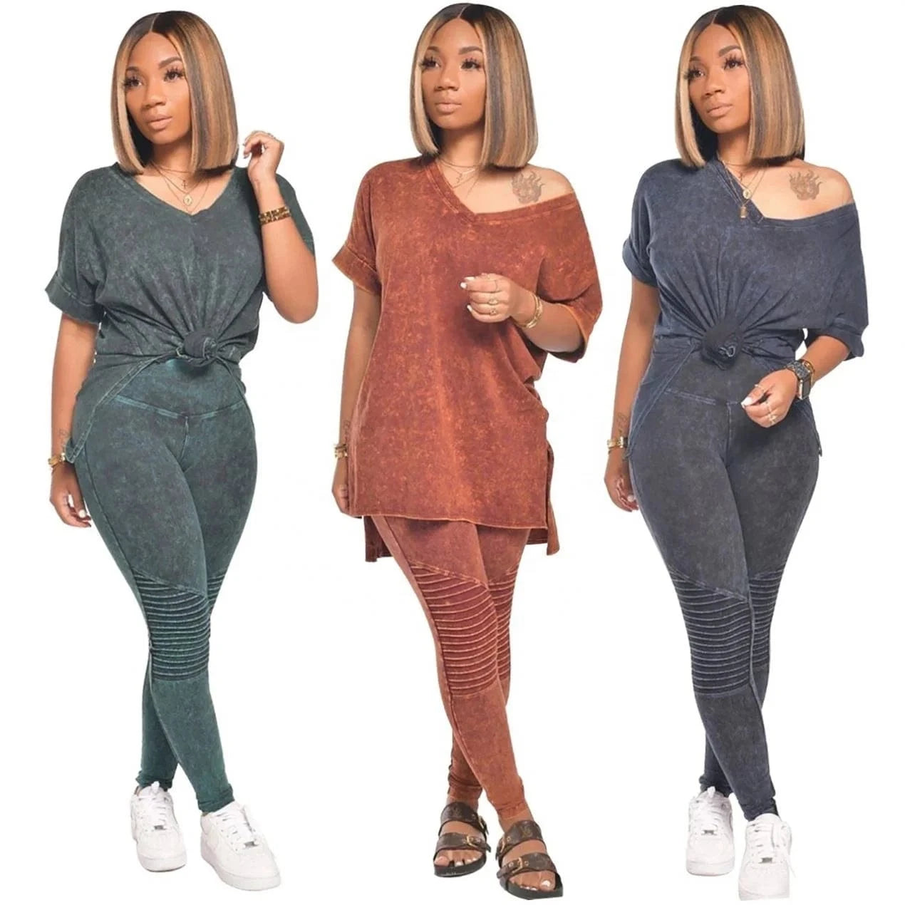 2024 Hot Sale Embossed Stitching Top Suit Five-Point V-Neck Short-Sleeved Casual Fashion Loose Split Two-Piece Pants Set