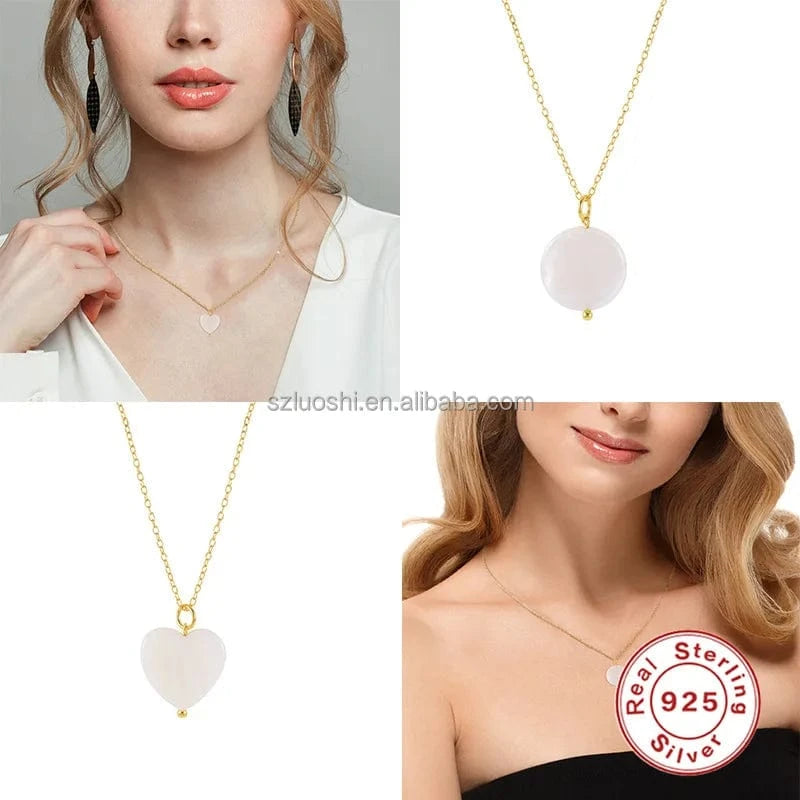 2024 Hot Sale S925 Sterling Silver Charm Geometric Love Heart Round Shape White Shell Pendant Clavicle Necklace For Women