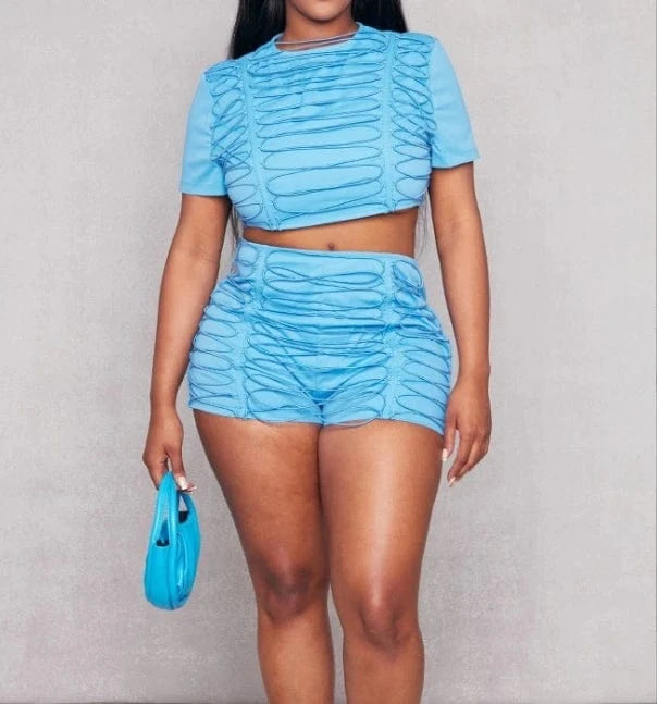 2024 Hot Sale Short Sleeve Crop Top And High Waist Shorts Women's Jogger Outfits Solid Color Bandage Two Piece Set