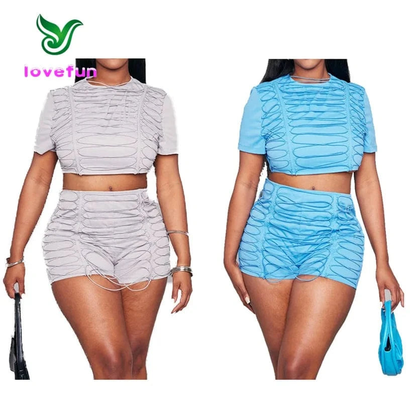 2024 Hot Sale Short Sleeve Crop Top And High Waist Shorts Women's Jogger Outfits Solid Color Bandage Two Piece Set