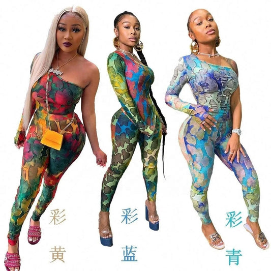 2024 Hot Sale Tie-Dye Printed Top Suit Half-Shoulder Long Sleeve Perspective Irregular Fashion Hip Lifting Two Piece Pants Set