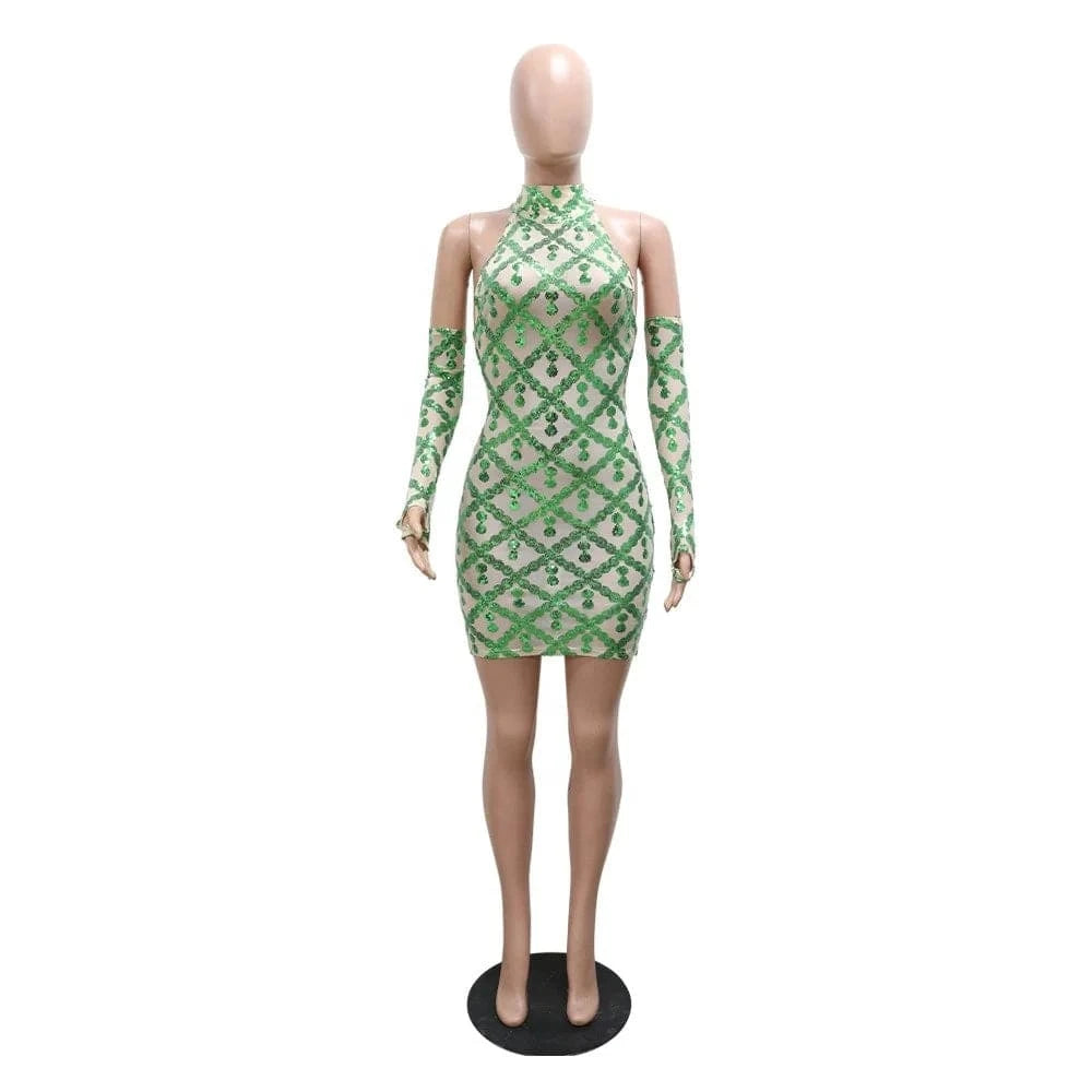2024 Hot Selling Bodycon Casual Sleeveless Dress Fashionable Hip Bag Sequin Dress With Gloves For Women