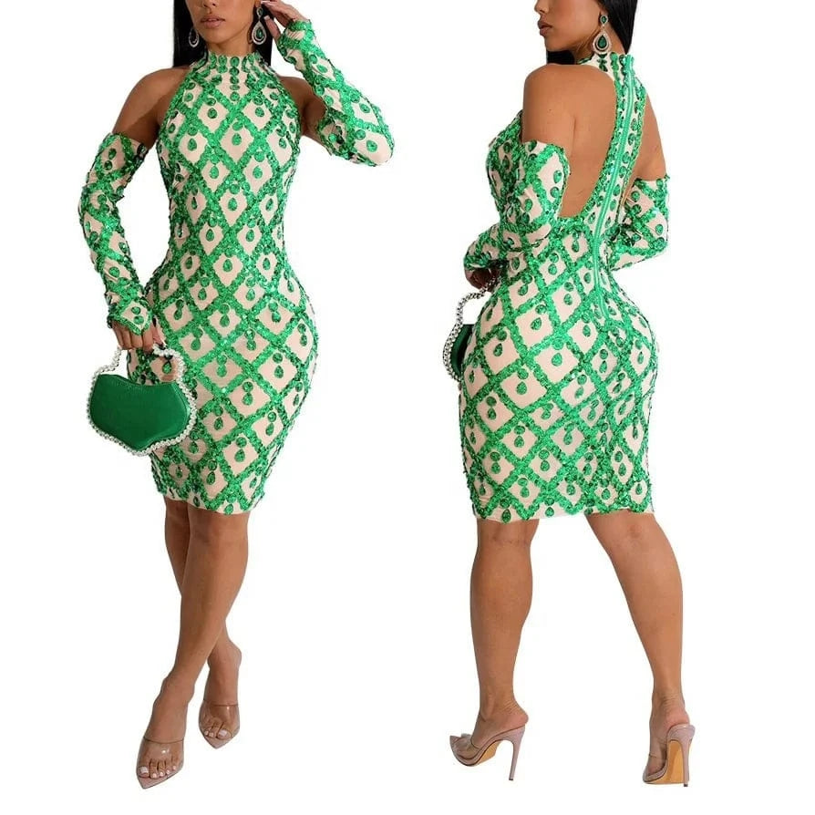 2024 Hot Selling Bodycon Casual Sleeveless Dress Fashionable Hip Bag Sequin Dress With Gloves For Women