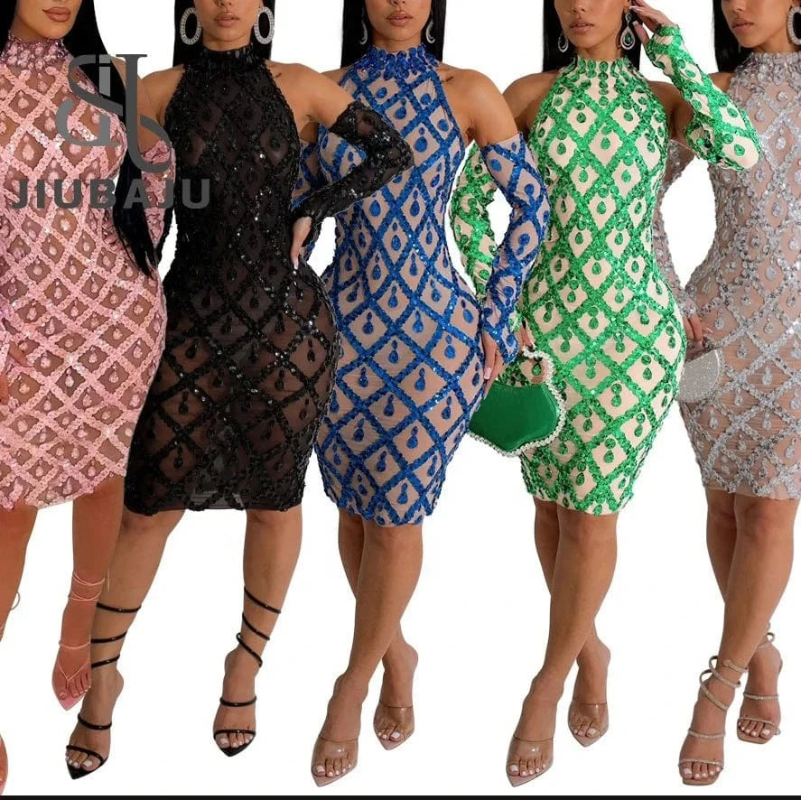 2024 Hot Selling Bodycon Casual Sleeveless Dress Fashionable Hip Bag Sequin Dress With Gloves For Women