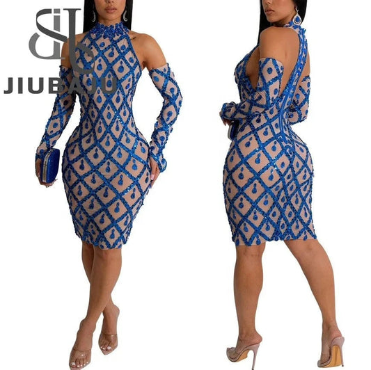 2024 Hot Selling Bodycon Casual Sleeveless Dress Fashionable Hip Bag Sequin Dress With Gloves For Women