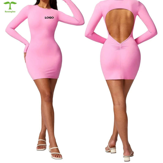 2024 Hot selling High Quality custom Backless tight sports dress thin quick-dry fitness yoga long-sleeved casual skirt Jumpsuit