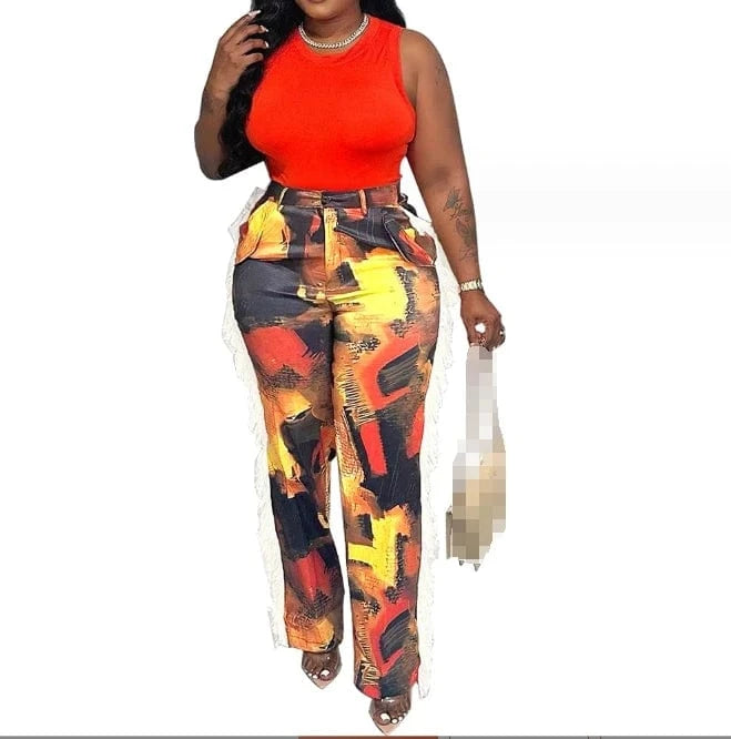 2024 Hot Selling Ladies Loose Wide Leg Pants High Waist Casual Trousers Fashion Print Tassel Pants For women