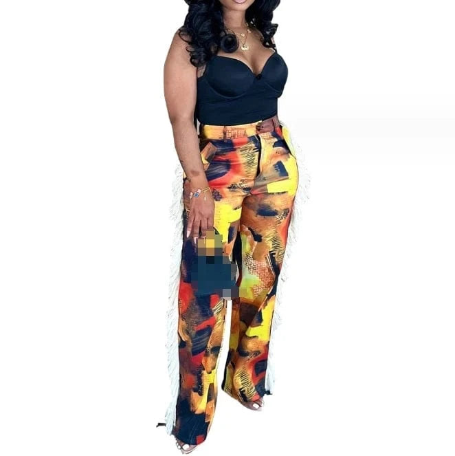 2024 Hot Selling Ladies Loose Wide Leg Pants High Waist Casual Trousers Fashion Print Tassel Pants For women
