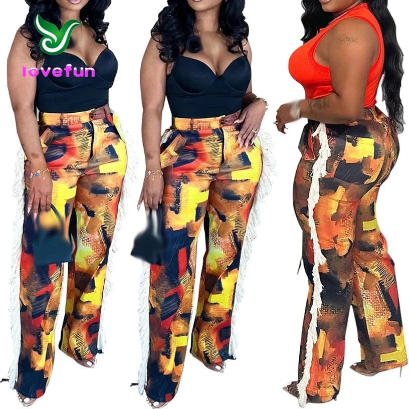 2024 Hot Selling Ladies Loose Wide Leg Pants High Waist Casual Trousers Fashion Print Tassel Pants For women