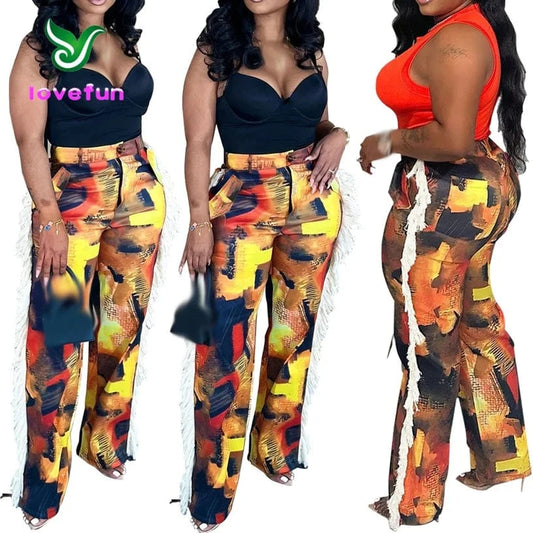 2024 Hot Selling Ladies Loose Wide Leg Pants High Waist Casual Trousers Fashion Print Tassel Pants For women