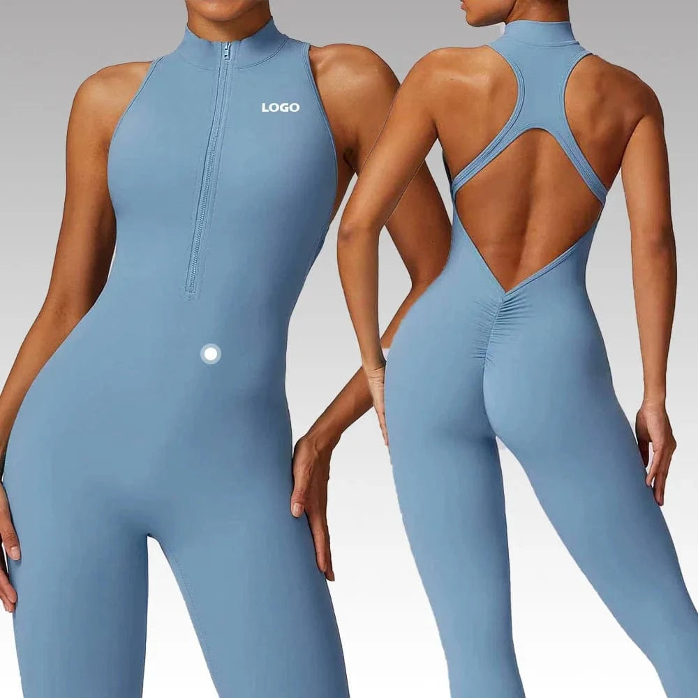 2024 Hot selling Stand Collar Zip Hollow Out Back Workout Bodysuit Rompers One Piece Gym Fitness Jumpsuits Women Yoga Jumpsuit