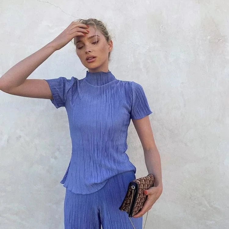 2024 Hot Selling Summer Casual Loose Pleated Outfits 2 Piece Set Crop Top Matching Set Women Wide Leg Pants Two Piece Set