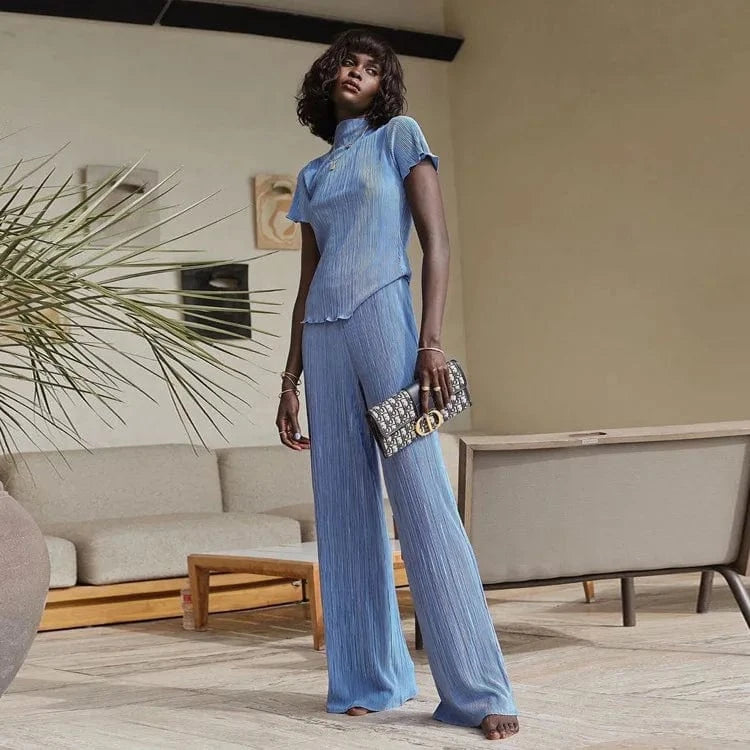 2024 Hot Selling Summer Casual Loose Pleated Outfits 2 Piece Set Crop Top Matching Set Women Wide Leg Pants Two Piece Set