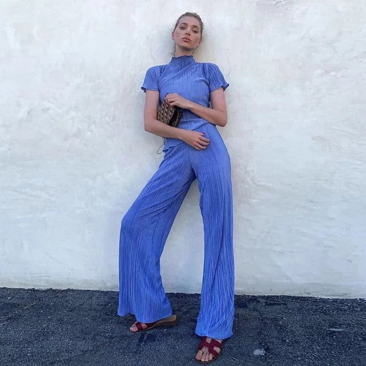 2024 Hot Selling Summer Casual Loose Pleated Outfits 2 Piece Set Crop Top Matching Set Women Wide Leg Pants Two Piece Set