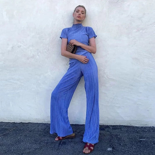 2024 Hot Selling Summer Casual Loose Pleated Outfits 2 Piece Set Crop Top Matching Set Women Wide Leg Pants Two Piece Set