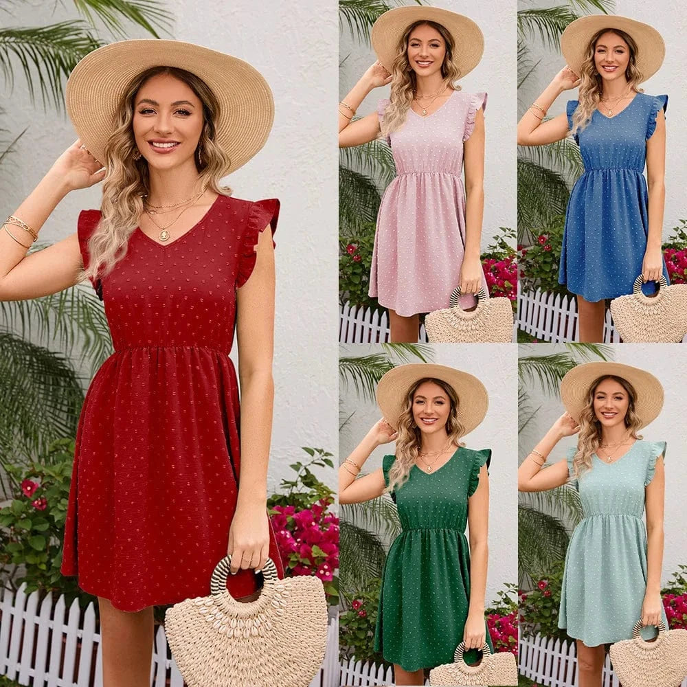 2024 Hot selling women lady dresses sleeveless dot fungus lace edge waistband V-neck dress vacation casual women's dress