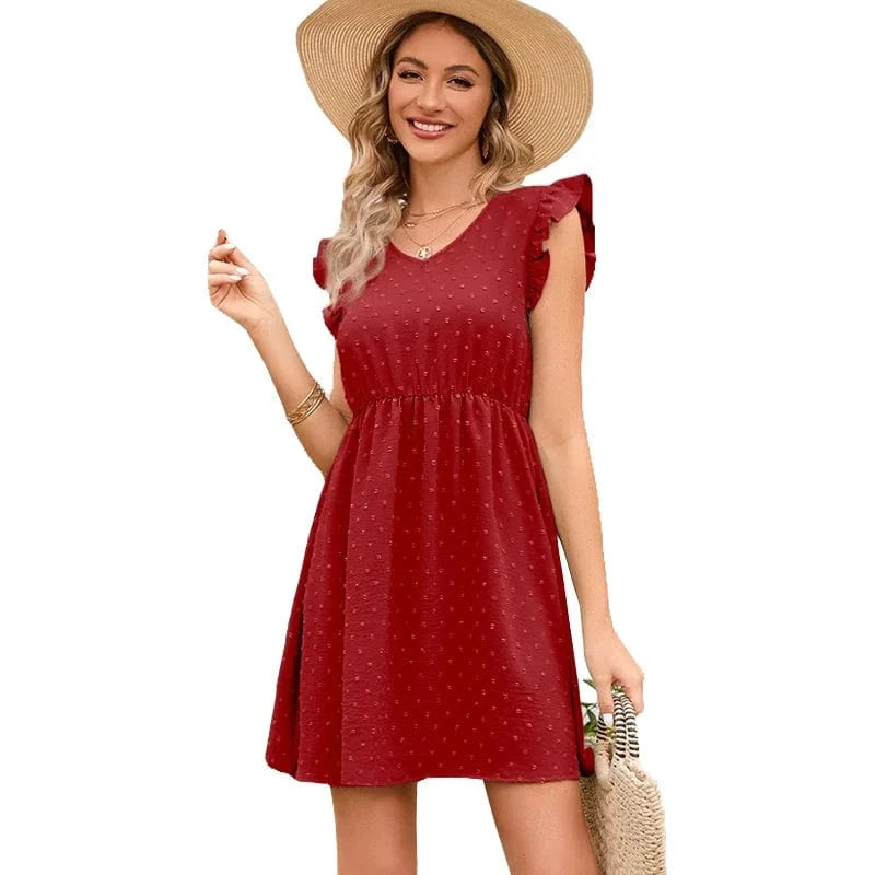 2024 Hot selling women lady dresses sleeveless dot fungus lace edge waistband V-neck dress vacation casual women's dress