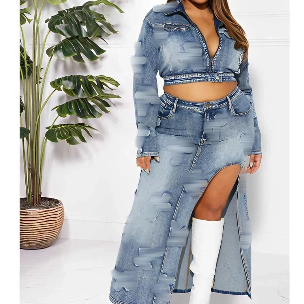 2024 Hot Selling Women Zipper Denim Jacket Split Half Skirts Embroidery Elastic Two Piece Skirts Sets