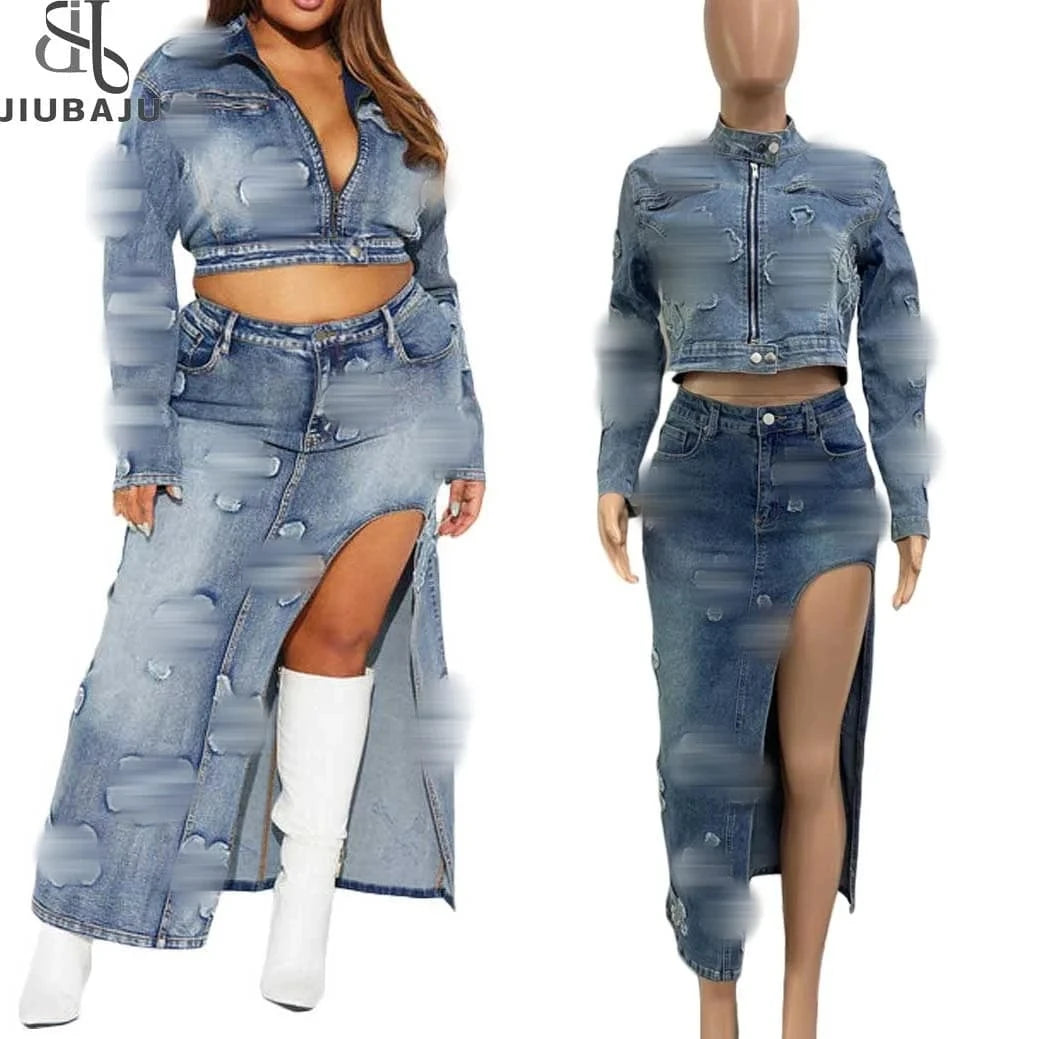 2024 Hot Selling Women Zipper Denim Jacket Split Half Skirts Embroidery Elastic Two Piece Skirts Sets