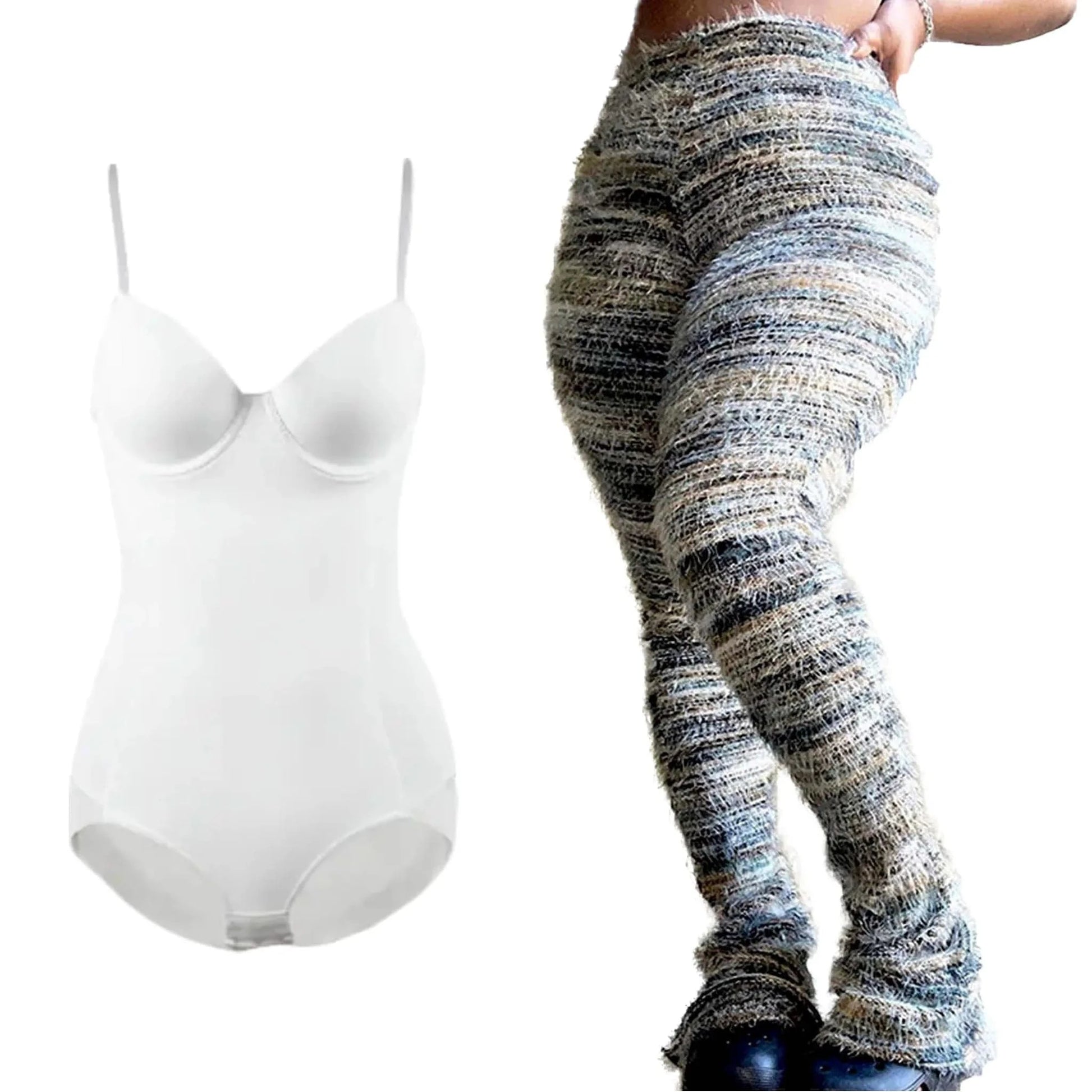 2024 Ins Hot Style Fashion Women 2 Piece Set Bodycon White Body Shaper + Furry High Waist Pile Up Pants Lady Sets