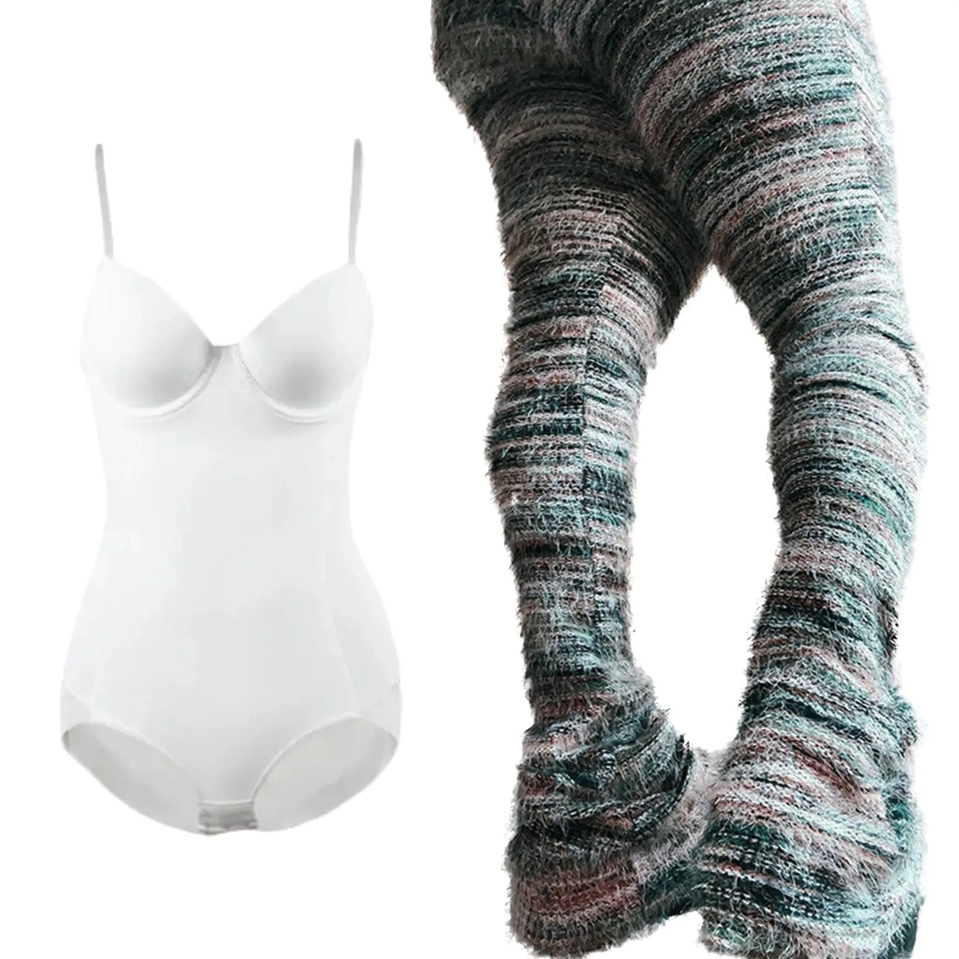 2024 Ins Hot Style Fashion Women 2 Piece Set Bodycon White Body Shaper + Furry High Waist Pile Up Pants Lady Sets