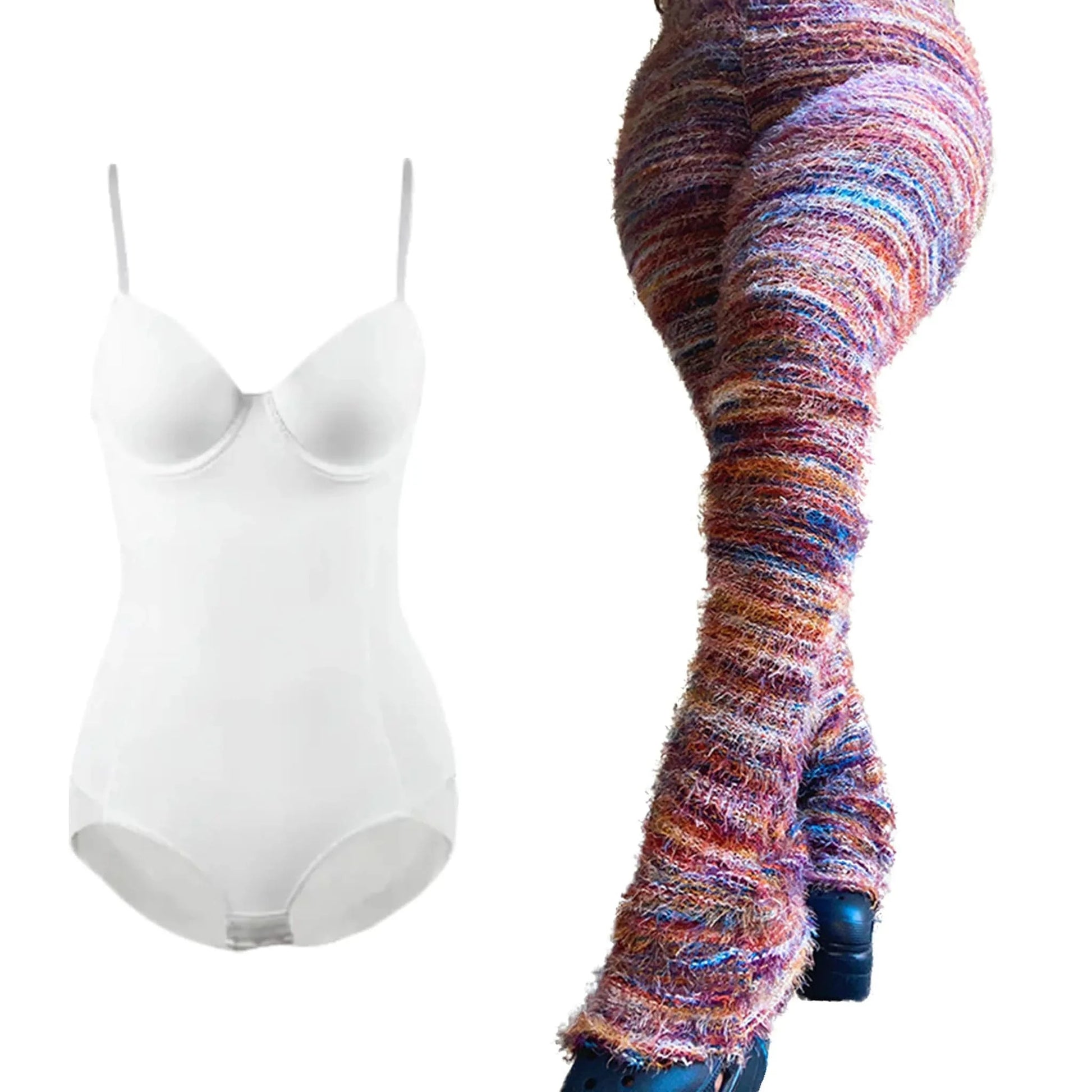 2024 Ins Hot Style Fashion Women 2 Piece Set Bodycon White Body Shaper + Furry High Waist Pile Up Pants Lady Sets