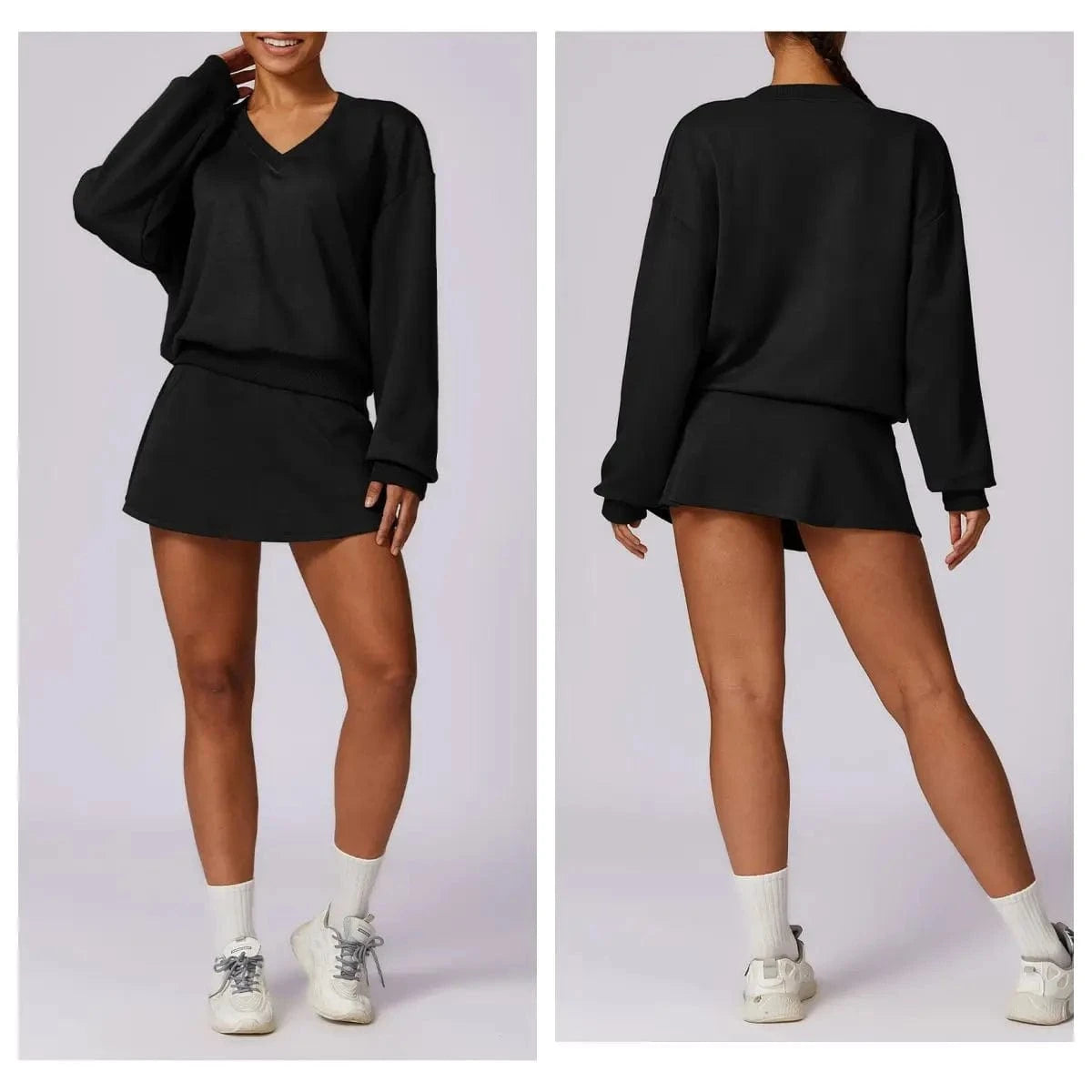2024 Knitted Long Sleeve Sweatshirt Tennis Short Skirt 2 Piece Suits Loose Casual Sports Suit Gym Workout Yoga Set Fitness Women