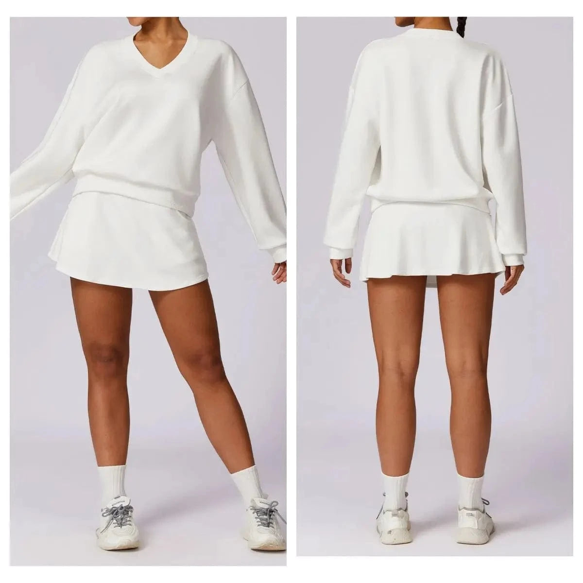 2024 Knitted Long Sleeve Sweatshirt Tennis Short Skirt 2 Piece Suits Loose Casual Sports Suit Gym Workout Yoga Set Fitness Women