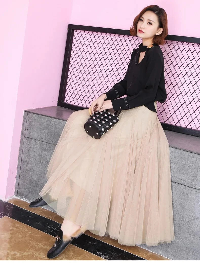 2024 Korean Style Midi Long Tulle Skirts Womens Summer Elastic High Waisted Maxi Skirts Femme A Line Mesh  Fashion skirt 50%