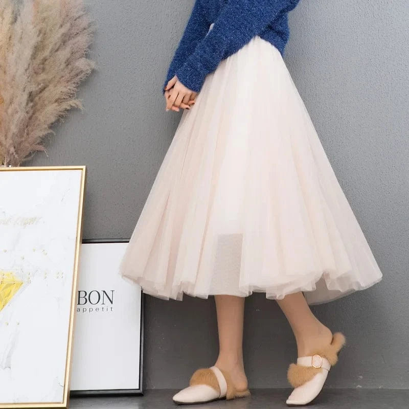 2024 Korean Style Midi Long Tulle Skirts Womens Summer Elastic High Waisted Maxi Skirts Femme A Line Mesh  Fashion skirt 50%
