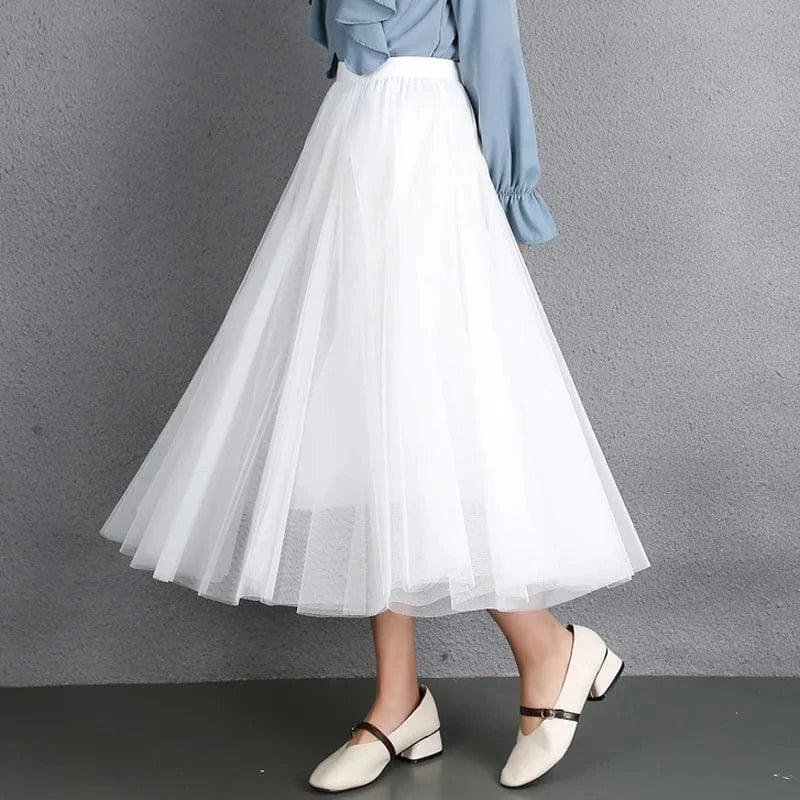 2024 Korean Style Midi Long Tulle Skirts Womens Summer Elastic High Waisted Maxi Skirts Femme A Line Mesh  Fashion skirt 50%