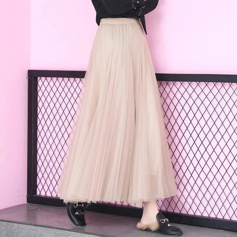 2024 Korean Style Midi Long Tulle Skirts Womens Summer Elastic High Waisted Maxi Skirts Femme A Line Mesh  Fashion skirt 50%