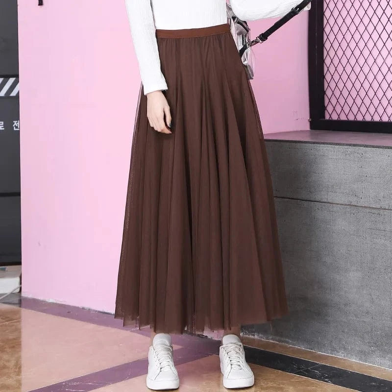 2024 Korean Style Midi Long Tulle Skirts Womens Summer Elastic High Waisted Maxi Skirts Femme A Line Mesh  Fashion skirt 50%