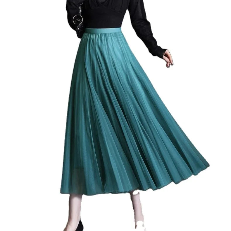 2024 Korean Style Midi Long Tulle Skirts Womens Summer Elastic High Waisted Maxi Skirts Femme A Line Mesh  Fashion skirt 50%