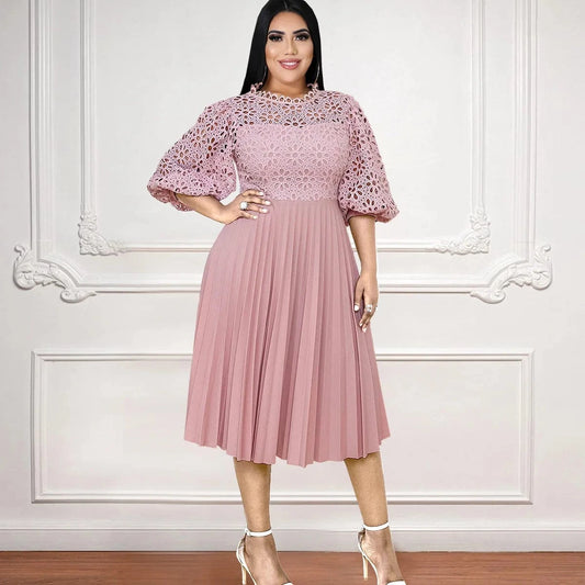 2024 Lace Patchwork Pleat Half Sleeves A Line Plus Size Lady Pink Dresses