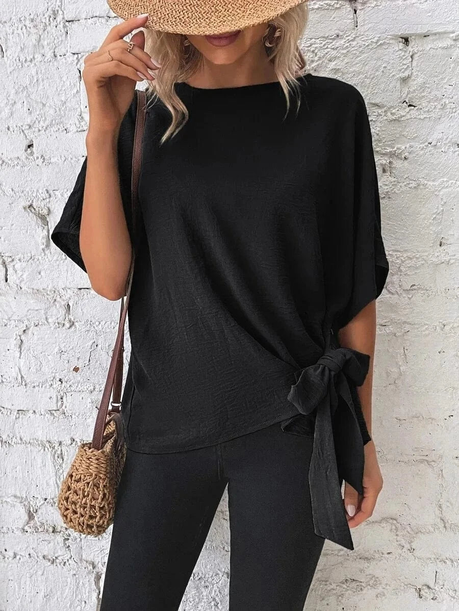 2024  Lady European  Women's Summer New Solid Color Bat Wing Sleeves Knotted Hem Loose T-shirt