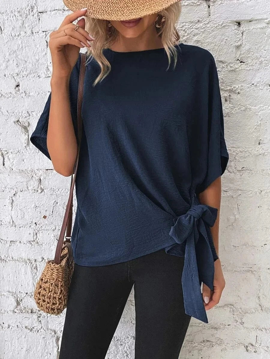 2024  Lady European  Women's Summer New Solid Color Bat Wing Sleeves Knotted Hem Loose T-shirt