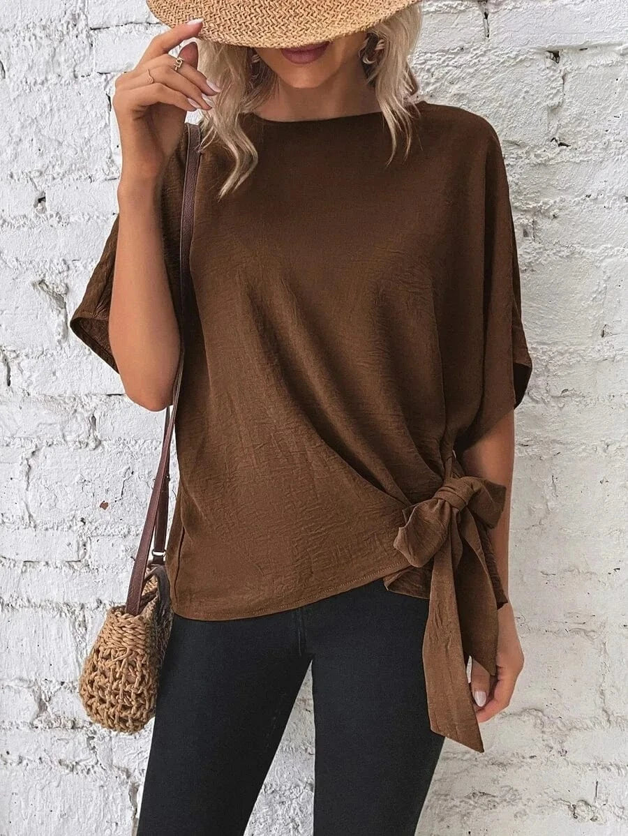 2024  Lady European  Women's Summer New Solid Color Bat Wing Sleeves Knotted Hem Loose T-shirt
