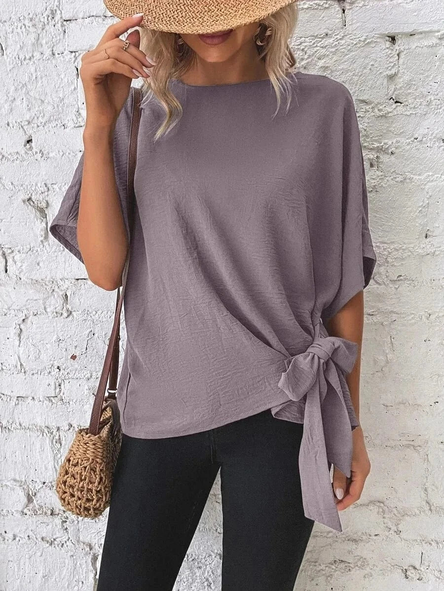 2024  Lady European  Women's Summer New Solid Color Bat Wing Sleeves Knotted Hem Loose T-shirt