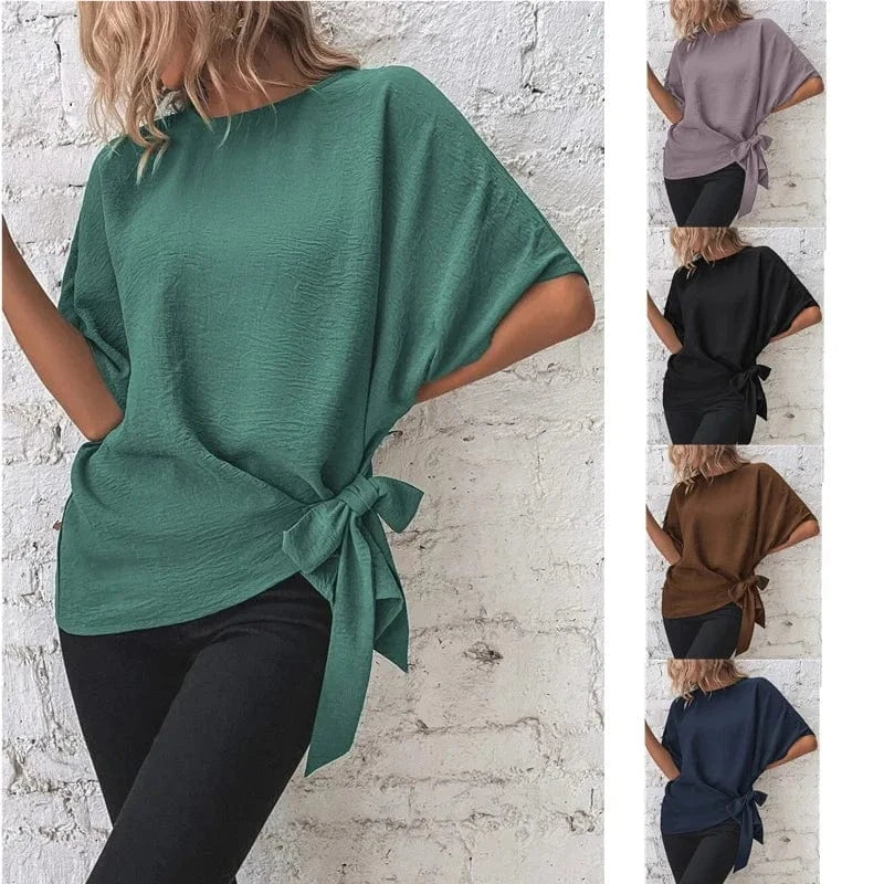 2024  Lady European  Women's Summer New Solid Color Bat Wing Sleeves Knotted Hem Loose T-shirt