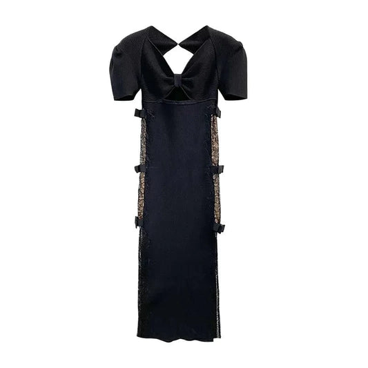 2024 Lady Sexy Hollow Out Lace Patchwork Stitching Slim Fitted Women Bow Bust Short Sleeve Midi Solid Knit Black Dress