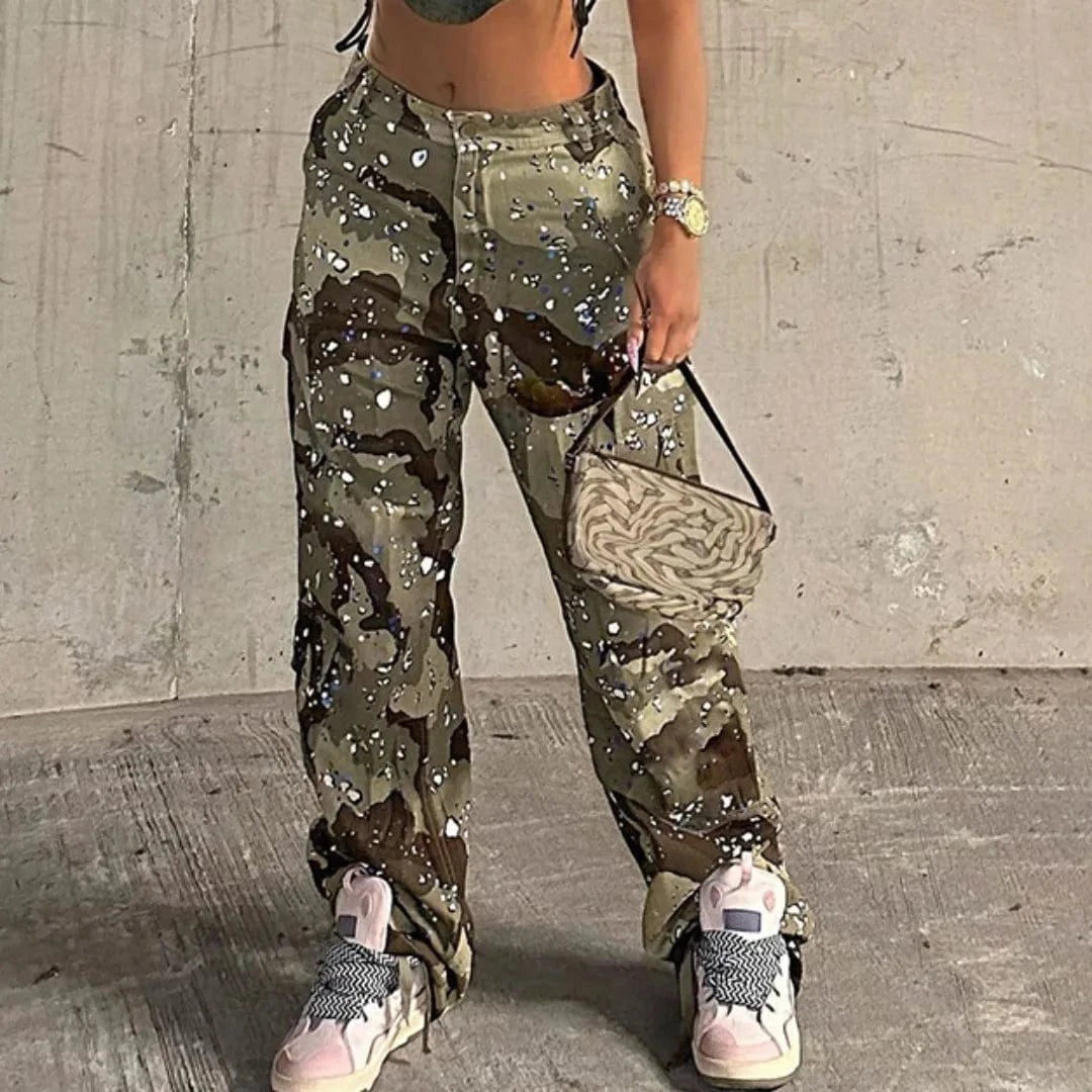 2024 Large Pocket Camouflage Elastic Waistband And Double Layer Straight Tube Casual Cargo Pants