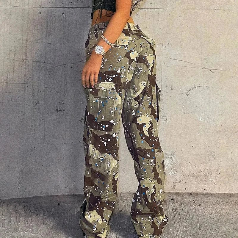 2024 Large Pocket Camouflage Elastic Waistband And Double Layer Straight Tube Casual Cargo Pants