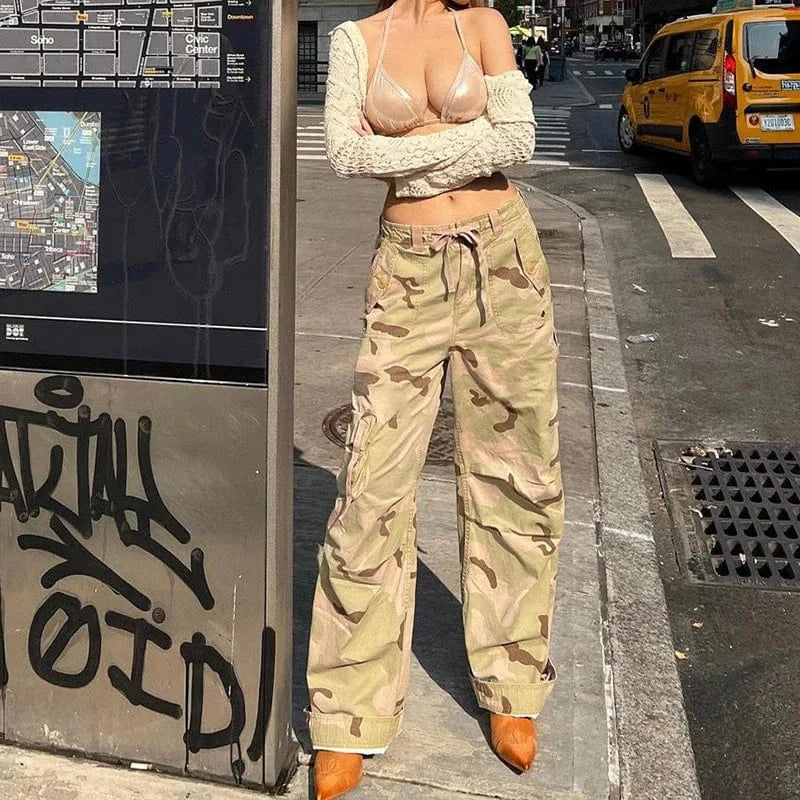 2024 Large Pocket Camouflage Elastic Waistband And Double Layer Straight Tube Casual Cargo Pants