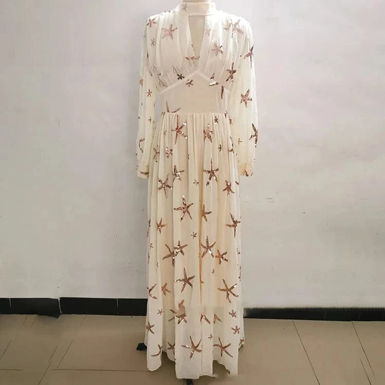 2024 Latest Women Turtleneck Tulle Evening Dresses High Slit Sequined Maxi Dress Ladies Long Sleeve Party Gowns Dress