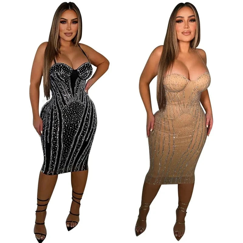 2024 latex design luxury elegant large size women rhinestone beaded mesh tight black party evening midi dress for women