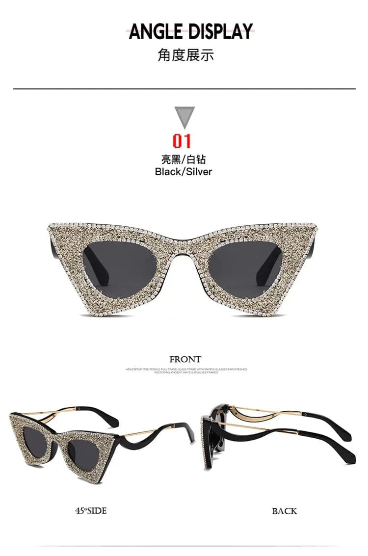 2024 Luxury Fashion Vintage Rhinestone Shades Brand luxury Big Cat Eye ladies diamond glasses rhinestone shades Eyewear